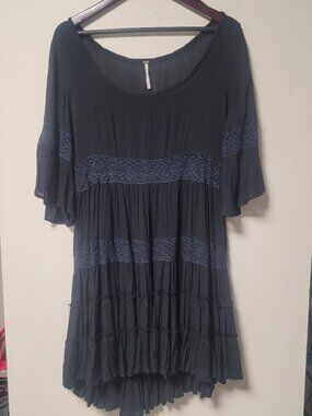 Free People Black Boho Lace Tiered Tunic Mini Dress S Sheer Flowy *flaw